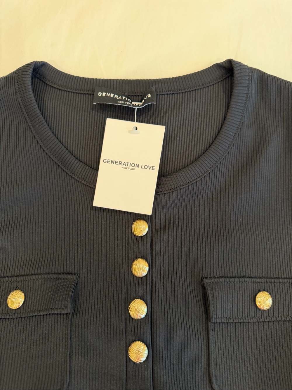 New with tags Generation Love Black Ribbed Crewneck Top with Gold Buttons. Small - Picture 2 of 3